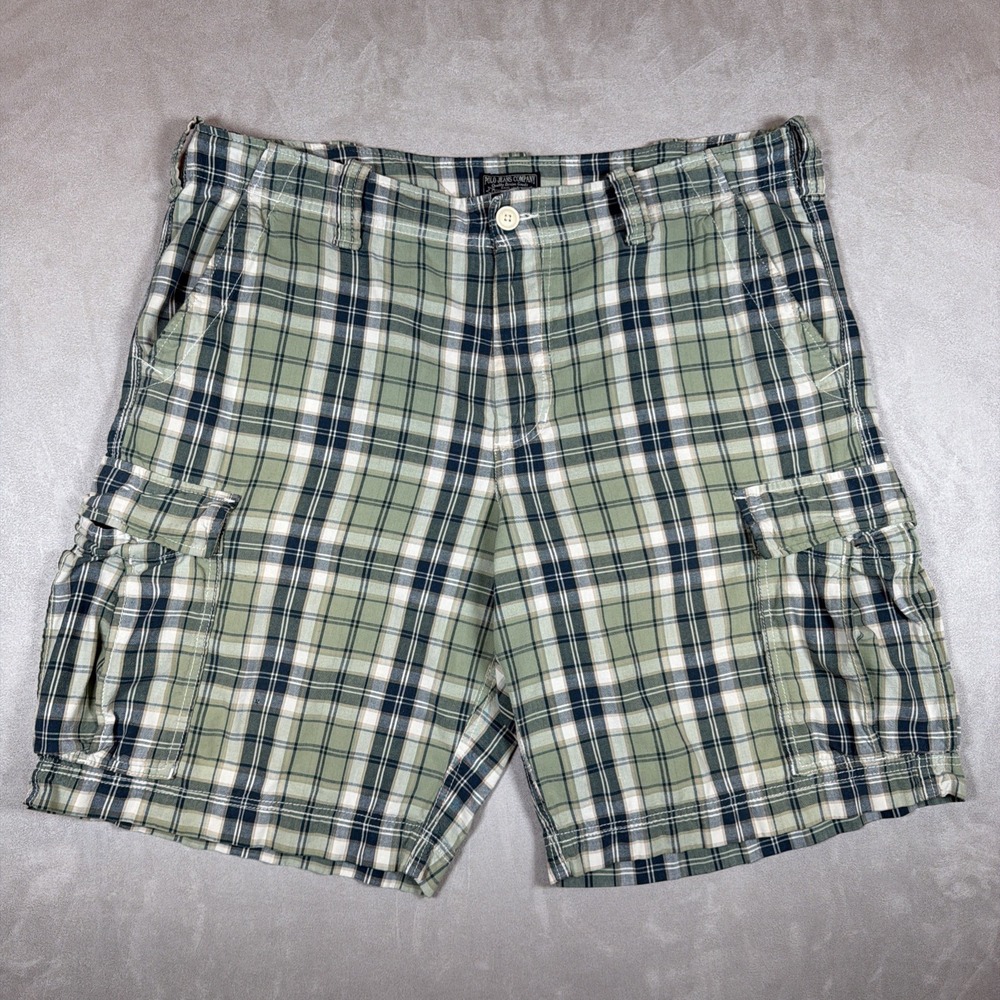 Polo Jeans Co Ralph Lauren Cargo Shorts Men's 38 Green Plaid Cotton Y2K